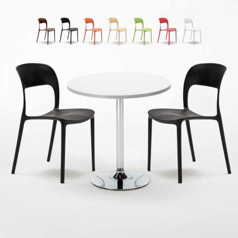 Table ronde blanche 70x70cm 2 Chaises Colorées Intérieur Bar Café Restaurant Long Island Promotion