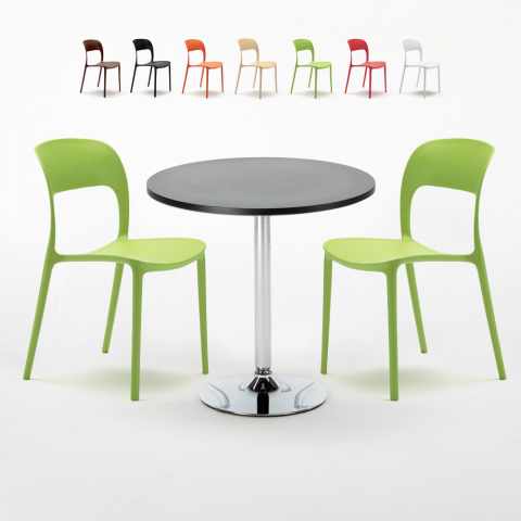 Ronde salontafel zwart 70x70 cm met stalen onderstel en 2 gekleurde stoelen Restaurant Cosmopolitan