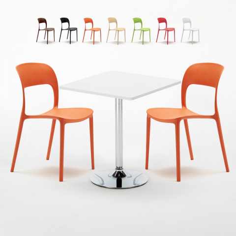 Table carrée blanche 70x70cm avec 2 Chaises colorées ensemble intérieur bar café restaurant Cocktail