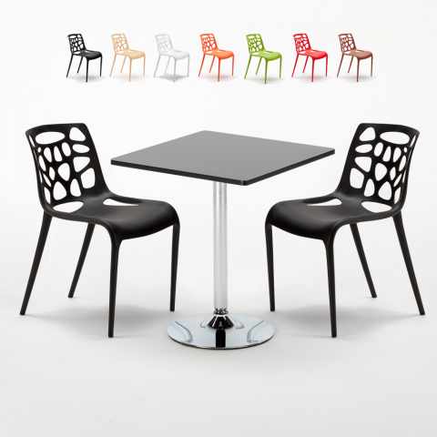 Rechthoekige salontafel zwart 70x70 cm met stalen onderstel en 2 gekleurde stoelen Gelateria Mojito
