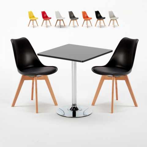 Vierkante salontafel zwart 70x70 cm met stalen onderstel en 2 gekleurde stoelen Nordica Mojito Aanbieding