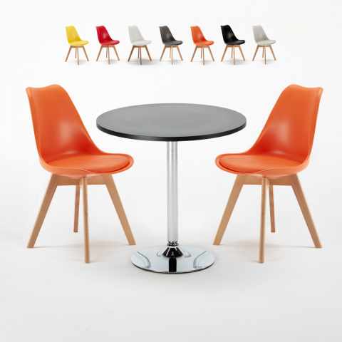 Ronde salontafel zwart 70x70 cm met stalen onderstel en 2 gekleurde stoelen Nordica Cosmopolitan