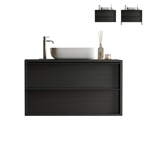 Meuble de salle de bain suspendu avec lavabo au sol et 2 tiroirs moderne noir Bloom 92 Promotion