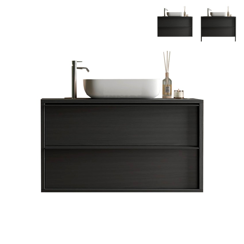 Zwevende badkamermeubel met wastafel, 2 lades, modern zwart, Bloom 92 Aanbieding Zwevende badkamermeubel met wastafel, 2 lades, modern zwart, Bloom 92 Aanbieding