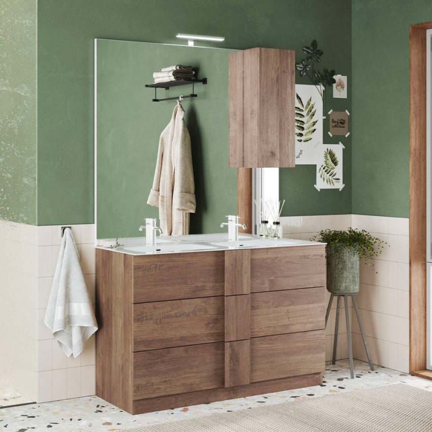 Vrijstaand badkamermeubel met 3 laden, houten constructie, dubbele wastafel, 122x47x86cm – Duet T Aanbieding Vrijstaand badkamermeubel met 3 laden, houten constructie, dubbele wastafel, 122x47x86cm – Duet T Aanbieding