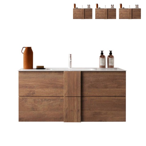 Mobiele badkamerkast van hout met 2 hangende laden en een keramische wastafel in Miel. Aanbieding