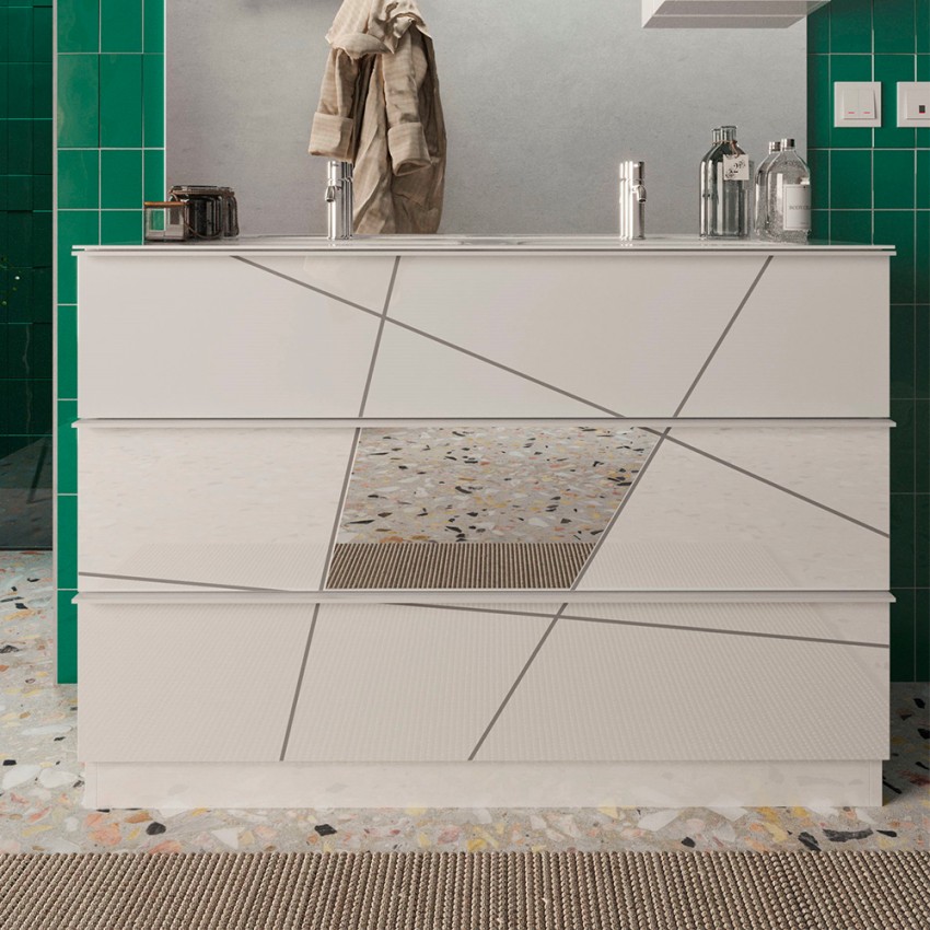 Glossy witte badkamermeubel met 3 lades en dubbele wastafel Liz T Aanbieding Glossy witte badkamermeubel met 3 lades en dubbele wastafel Liz T Aanbieding