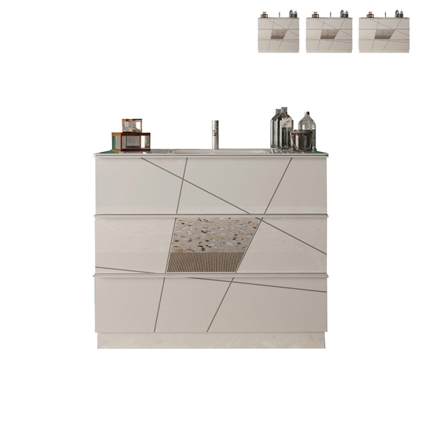 Meuble de salle de bain au sol blanc brillant 3 tiroirs avec lavabo June Offre Meuble de salle de bain au sol blanc brillant 3 tiroirs avec lavabo June Offre