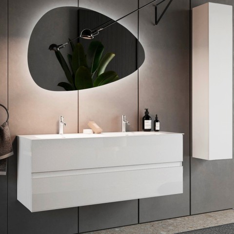Mobiele badkamer met dubbele wastafel, 2 zwevende laden en een glanzende witte afwerking, model Ikon S. Aanbieding
