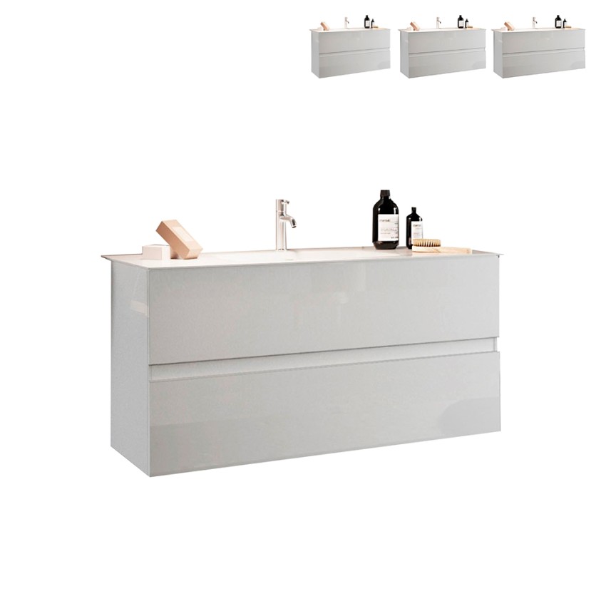 Moderne hangende badkamermeubel met glanzend witte ladekasten en wastafel. Add. Verkoop