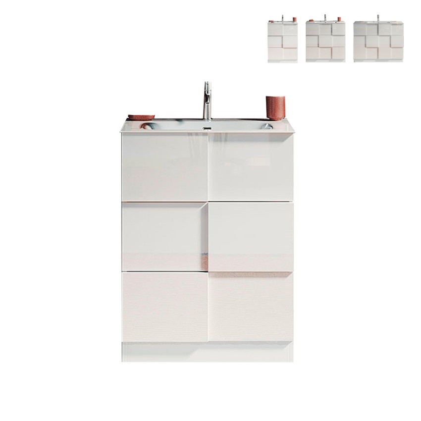 Meuble de salle de bains sur pied avec 3 tiroirs blanc brillant et lavabo Tetra Dama Offre Meuble de salle de bains sur pied avec 3 tiroirs blanc brillant et lavabo Tetra Dama Offre