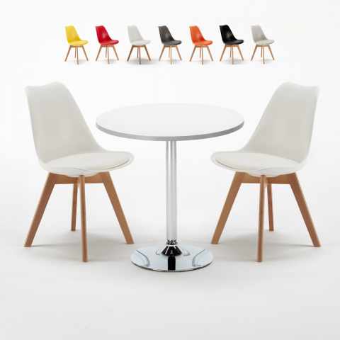 Ronde salontafel wit 70x70 cm met stalen onderstel en 2 gekleurde stoelen Nordica Long Island