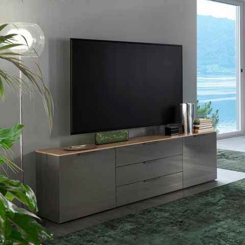 Meuble TV de 200cm moderne avec 2 portes et 3 tiroirs en chêne gris Galad Promotion