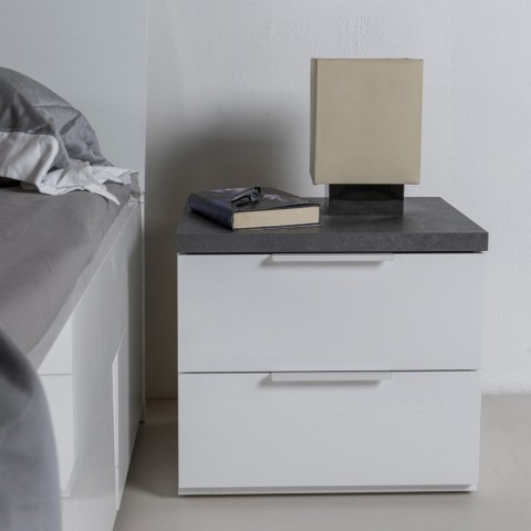 Table de chevet chambre à coucher moderne 2 tiroirs blanc plateau gris Robyn Promotion