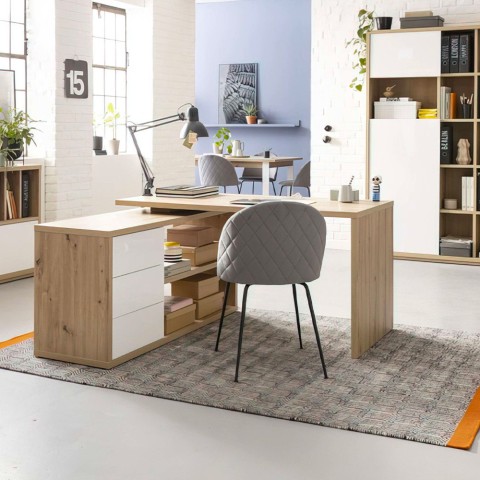 Hoekbureau van gelakt wit hout met 3 lades, Lex. Aanbieding