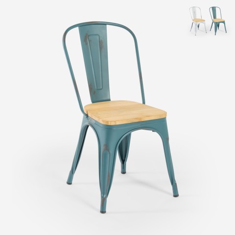 Industriële metalen stoelen met houten zitting: Steel Old Wood Top Light Aanbieding