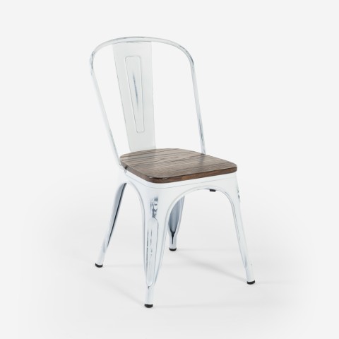Chaises industrielles en métal vintage blanc avec plateau en bois Steel Old Wood. Promotion