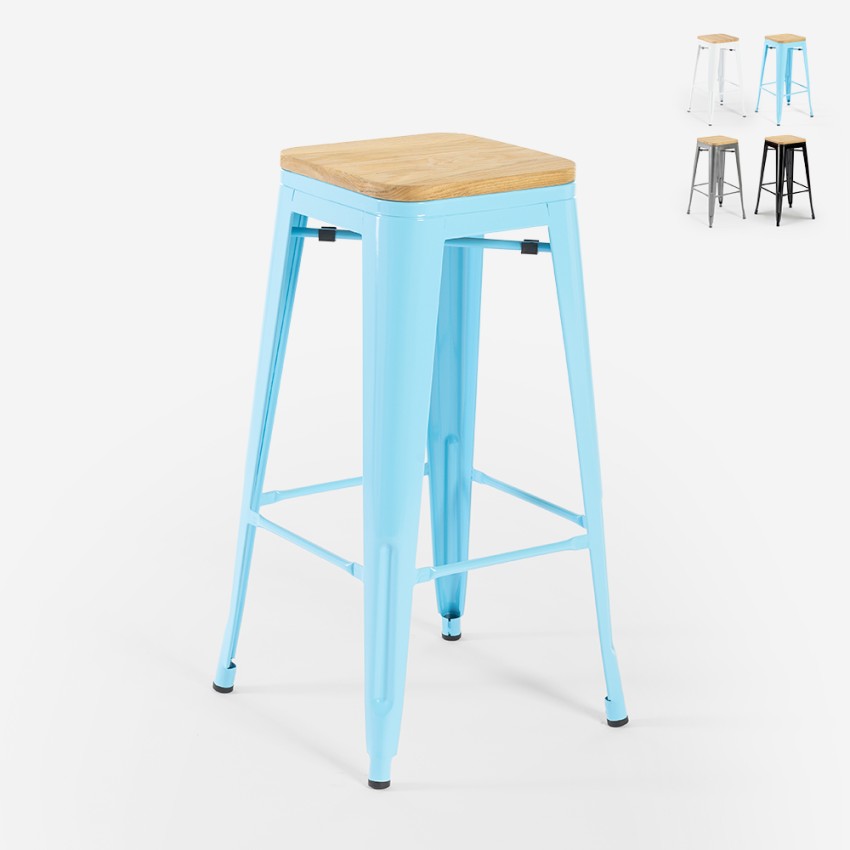 tabouret haut en métal pour cuisine-bar plateau en bois steel up wood Promotion