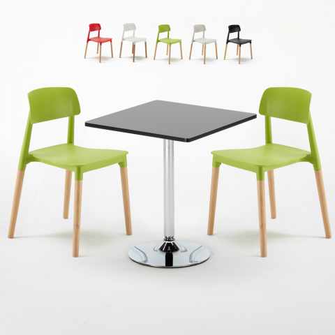Table carrée noire 70x70cm et 2 chaises colorées d'intérieur Barcellona Mojito Promotion