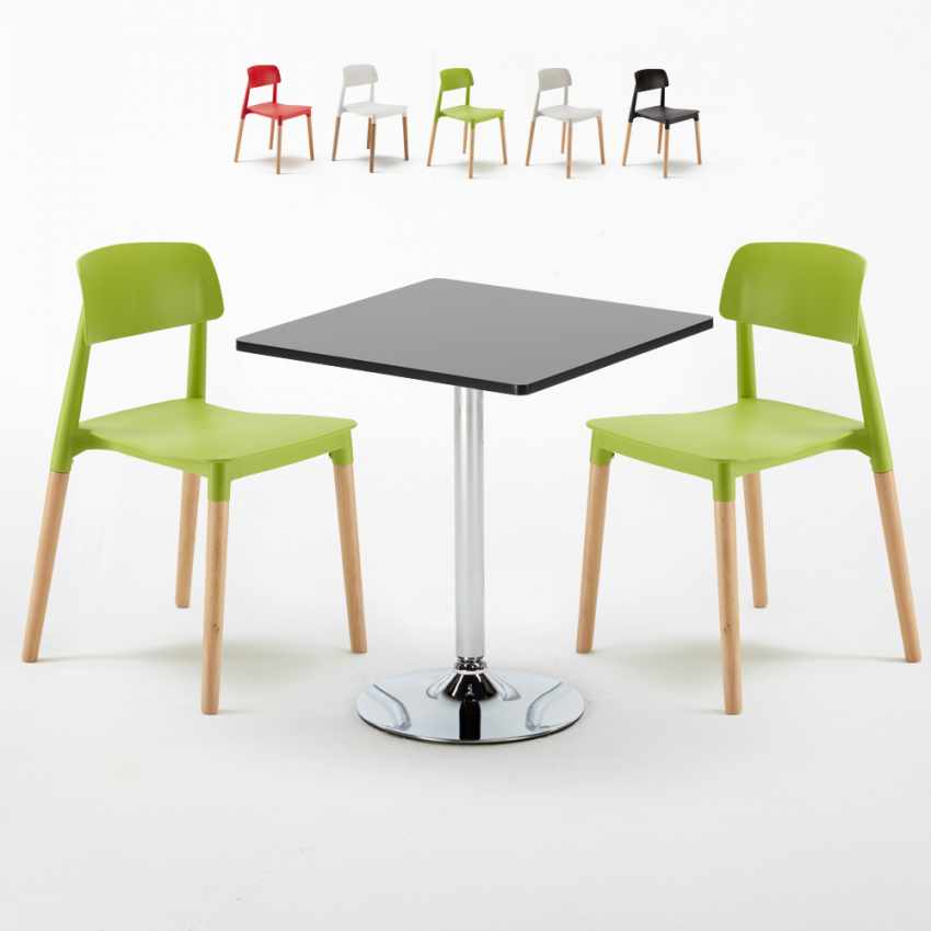 Vierkante salontafel zwart 70x70 cm en 2 gekleurde stoelen Barcellona Mojito Aanbieding