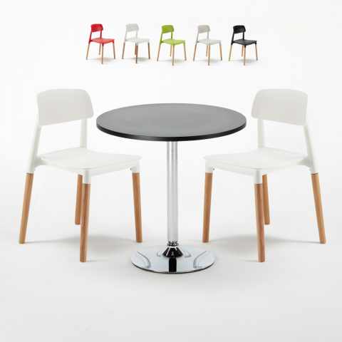 Ronde salontafel zwart 70x70 cm met stalen onderstel en 2 gekleurde stoelen Barcellona Cosmopolitan Aanbieding