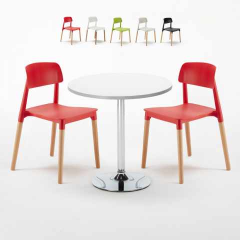 Table blanche ronde 70x70cm et 2 Chaises Colorées Bar Café Barcellona Long Island