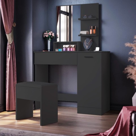 Coiffeuse table de maquillage avec tiroir, tabouret et miroir Suzie Black Promotion