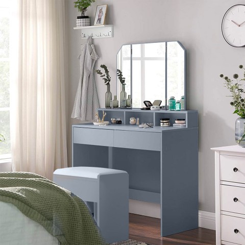 Coiffeuse table de maquillage avec  2 tiroirs et miroir et tabouret gris Maggie Grey Promotion