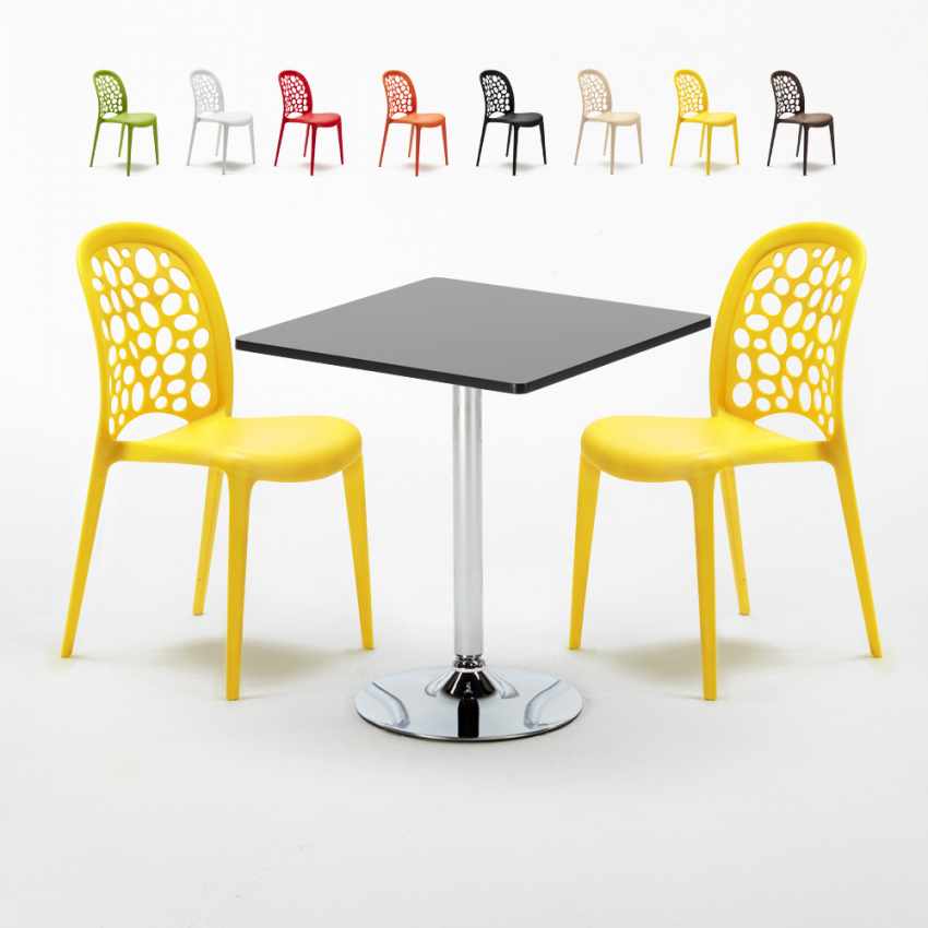 Table Carrée Noire 70x70cm et 2 Chaises Colorées Set Intérieur Bar Café WEDDING Mojito Promotion Table Carrée Noire 70x70cm et 2 Chaises Colorées Set Intérieur Bar Café WEDDING Mojito Promotion