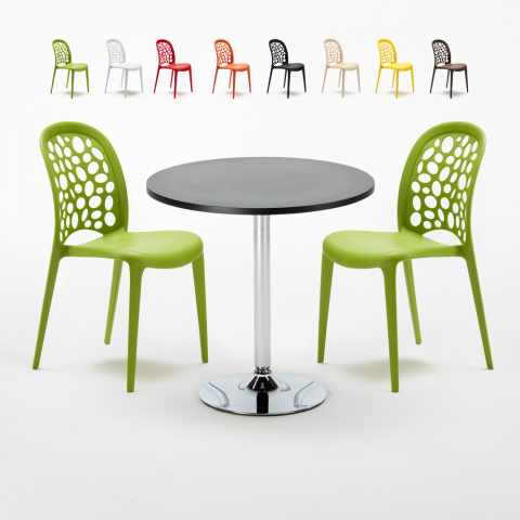 Ronde salontafel zwart 70x70 cm en 2 gekleurde stoelen Wedding Cosmopolitan Aanbieding