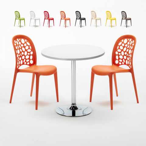 Ronde salontafel wit 70x70 cm en 2 gekleurde stoelen Wedding Long Island Aanbieding