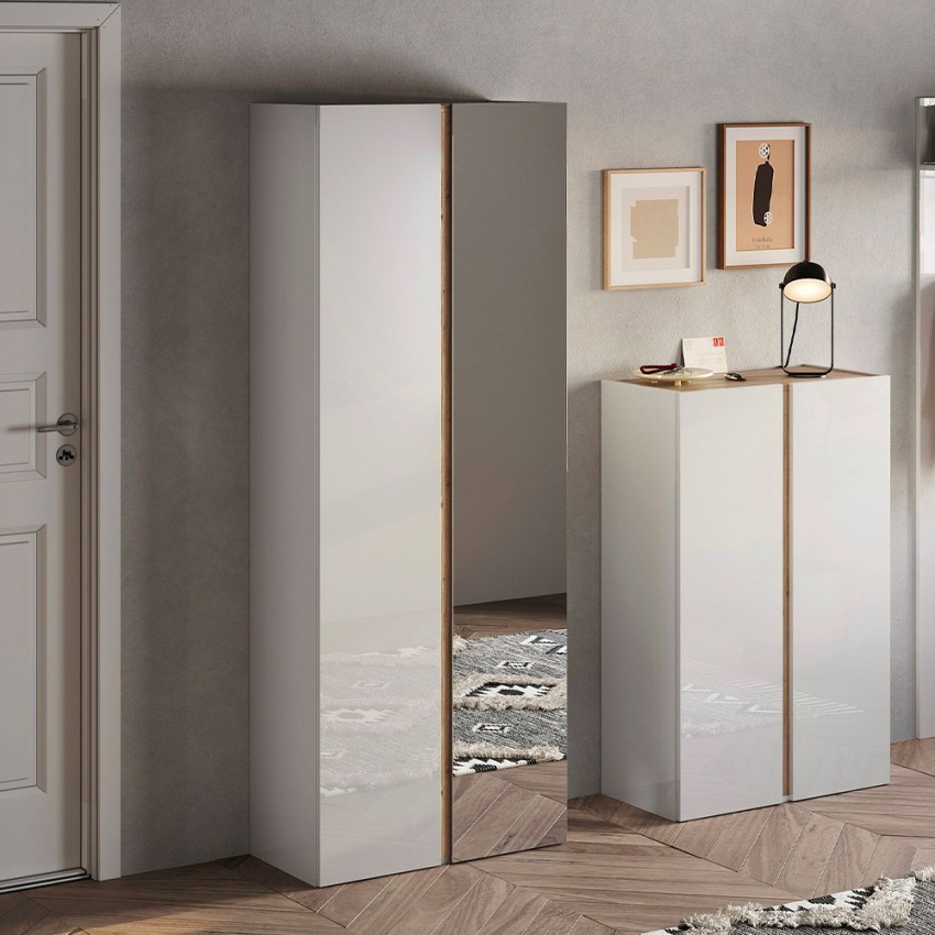 Armoire à chaussures d'entrée 2 portes miroir blanc brillant chêne Alba Promotion Armoire à chaussures d'entrée 2 portes miroir blanc brillant chêne Alba Promotion
