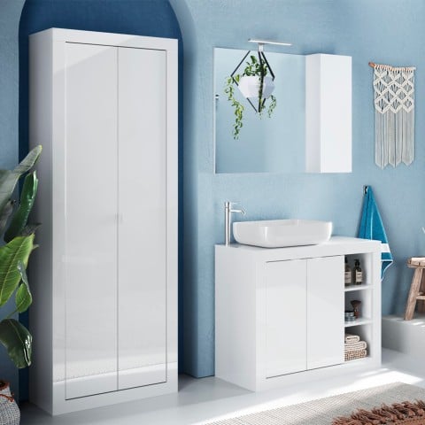 Armoire à 2 portes meuble de salle de bain polyvalent blanc brillant 70x35x188cm Jude Promotion