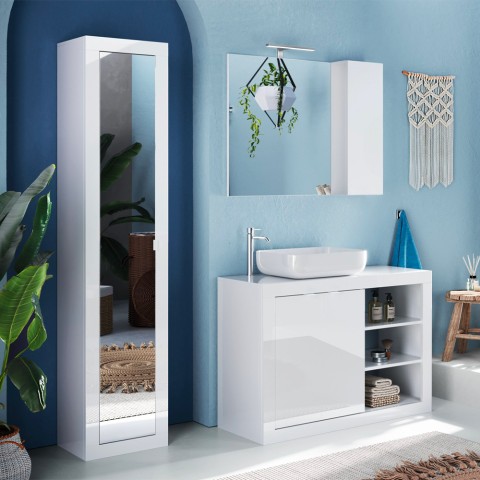 Colonne de salle de bains mobile avec porte miroir 42x35x195 blanc brillant Letty Promotion