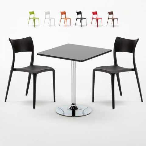 Table Carrée Noire 70x70cm et  2 Chaises Colorées Bar Café Parisienne Mojito