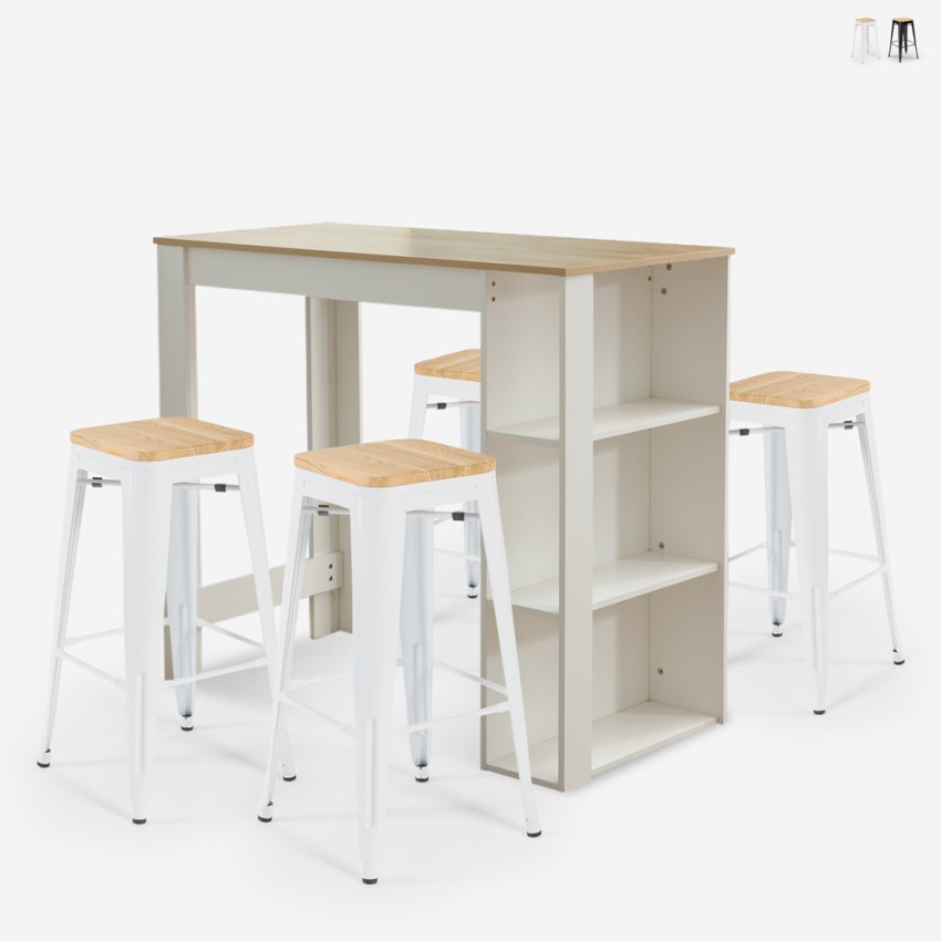 set van 4 barkrukken en hoge tafel 120x60cm wit hout galles Verkoop