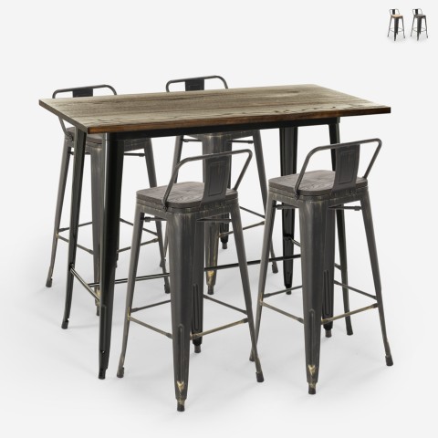 Table haute noire 120x60 + 4 tabourets de bar Tolix avec dossier Wahoo Promotion