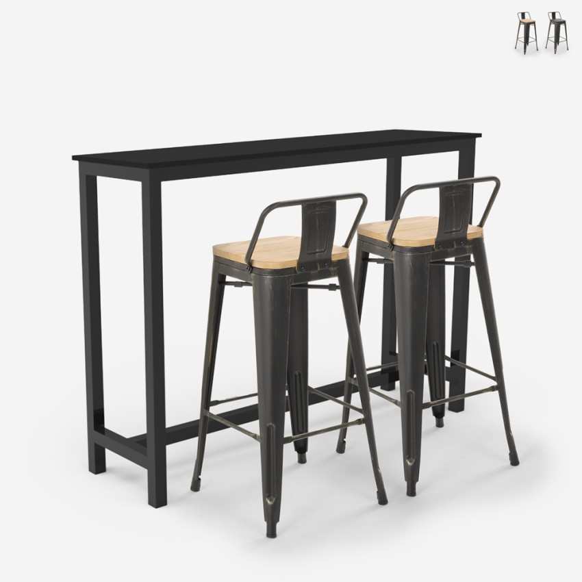 set van 2 barkrukken met rugleuning en hoge industriële zwarte bartafel rexford Aanbieding set van 2 barkrukken met rugleuning en hoge industriële zwarte bartafel rexford Aanbieding
