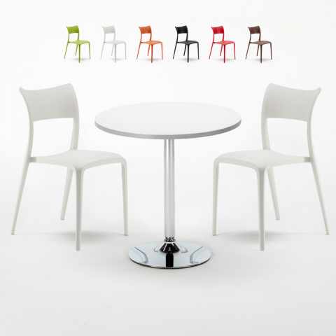Ronde salontafel wit 70x70 cm met stalen onderstel en 2 gekleurde stoelen Parisienne Long Island Aanbieding