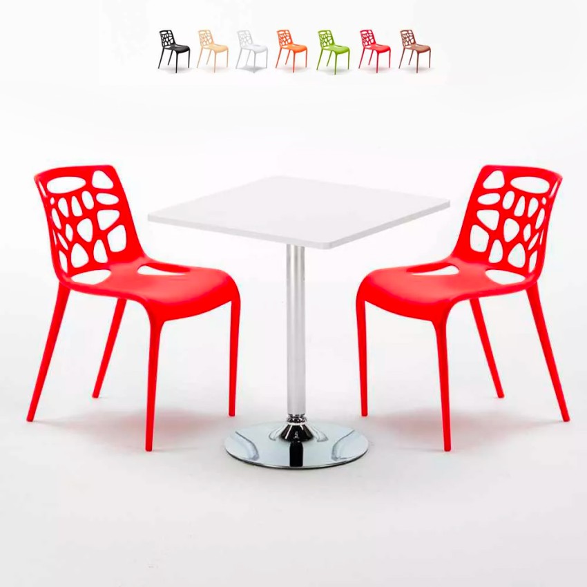 Vierkante salontafel wit 70x70 cm en 2 gekleurde stoelen Gelateria Cocktail Catalogus