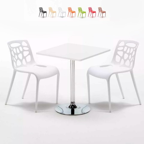 Table Blanche Carrée 70x70 et 2 Chaises Colorées Set Intérieur Bar Café Gelateria Cocktail Promotion