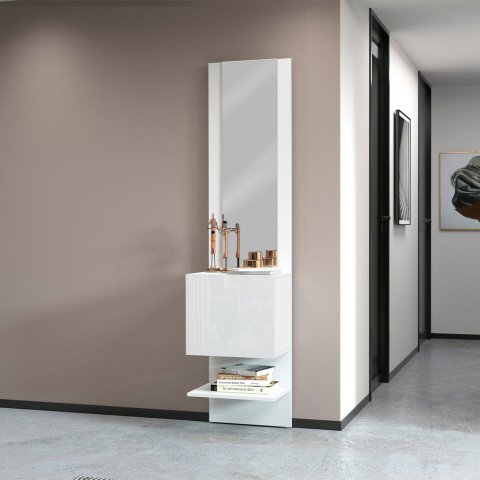 Meuble à chaussures mural entrée blanc brillant étagère 1 porte miroir Karin Promotion
