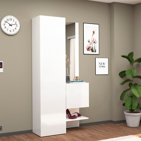 Ensemble meuble d'entrée armoire à chaussures avec miroir porte blanc brillant Chica Promotion