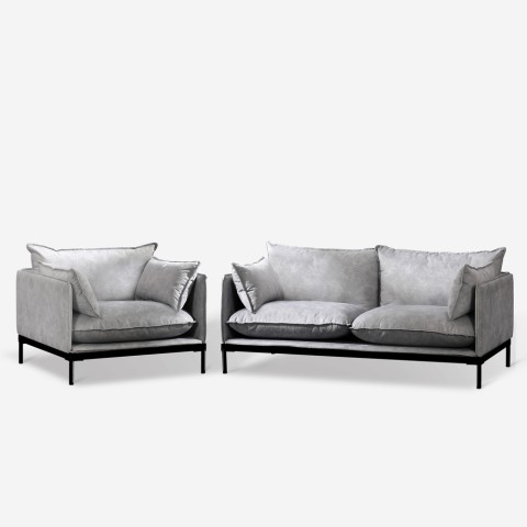 Set van 2-zitsbank en fauteuil in moderne grijze stof Hannover Aanbieding