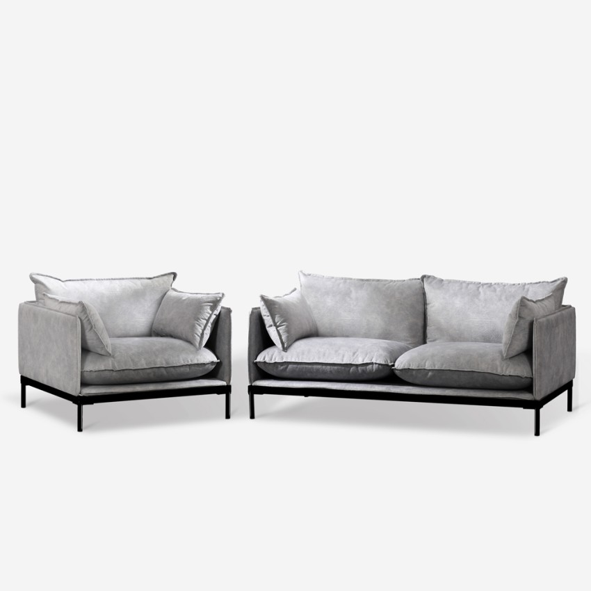 Set van 2-zitsbank en fauteuil in moderne grijze stof Hannover Aanbieding