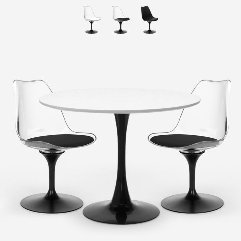 Table Tulipan ronde 80cm + 2 chaises polycarbonate blanc noir Crayon Promotion