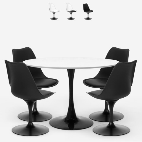 Table ronde 120cm + 4 chaises Tulipan polycarbonate blanc noir Crayon+ Promotion