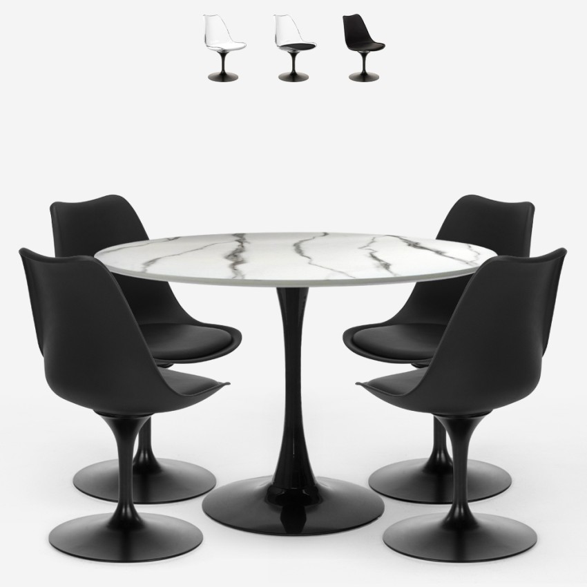Table ronde 120cm effet marbre + 4 chaises Tulipan blanc noir Lapis+ Promotion