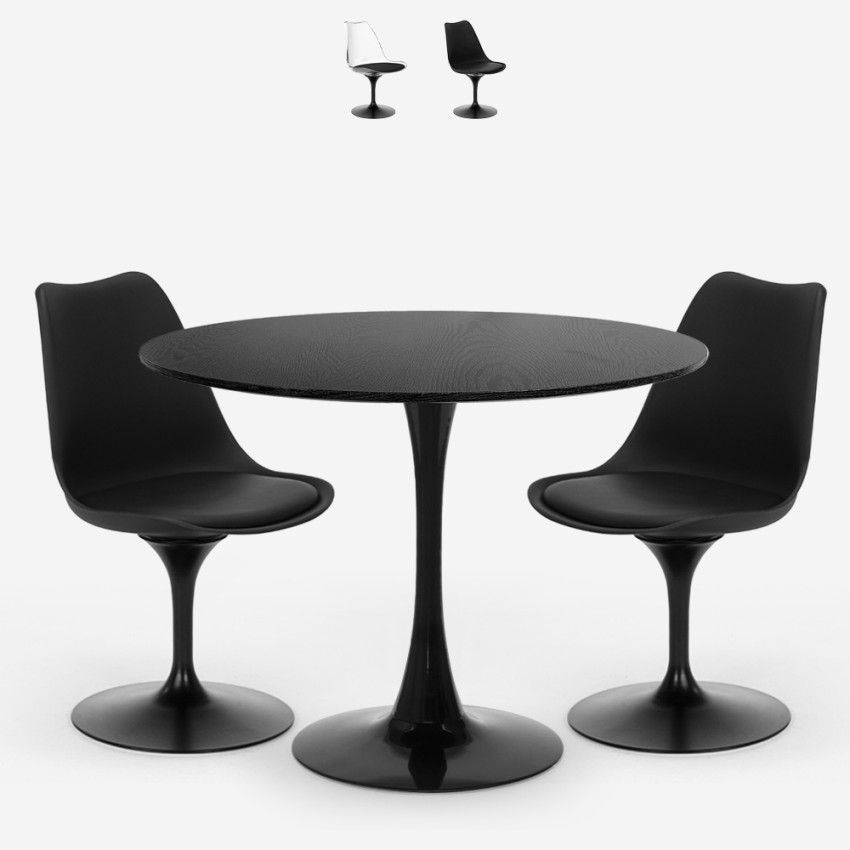 Table cuisine ronde noire 80cm 2 chaises transparentes Tulipe Almat Promotion