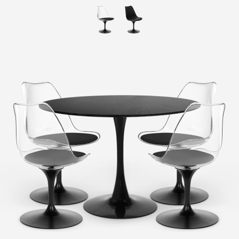 Table ronde 120cm noire 4 chaises style Tulipe transparentes Almat+ Promotion